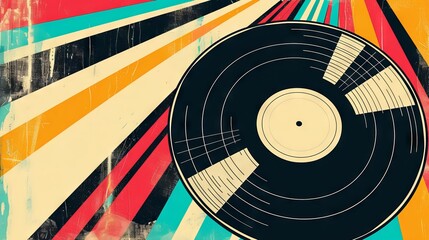 Vinyl record on an abstract colorful art backdrop. Pop art illustration. Concept of auditory and visual experience, vibrant design, and retro-modern fusion. Copy space - obrazy, fototapety, plakaty