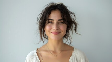 Smiling Modern Armenian Woman's Symmetric Face in Hyperrealistic Style Generative AI