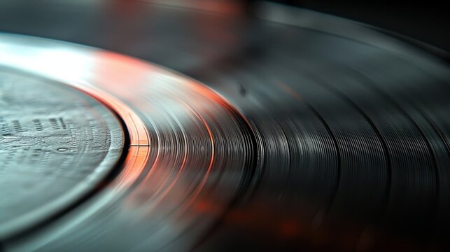 Close-up of vinyl record grooves with focused detail. Shiny vinyl surface reflecting light. Concept of vintage, music recording, audiophile culture, vinyl resurgence. Backdrop. Copy space