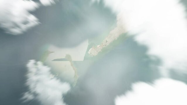 Earth zoom in from space to Conakry, Guinea. Followed by zoom out through clouds and atmosphere into space. Satellite view. Travel intro. Images from NASA