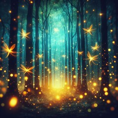 Fototapeta na wymiar A magical depiction of a firefly fluttering through a night forest, evoking a fairy tale atmosphere filled with wonder and enchantment.
