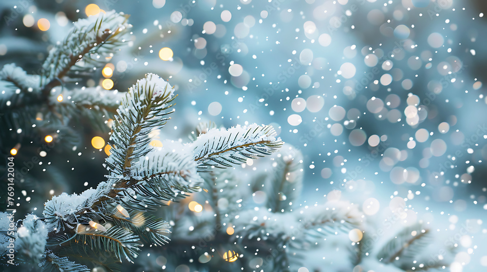 Poster beautiful winter background image of frosted spruce branches and small drifts of pure snow with boke