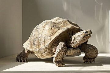 A purebred turtle poses for a portrait in a studio with a solid color background during a pet photoshoot.

