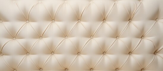 A closeup of a white tufted leather headboard, featuring intricate pattern, soft wool fibers, and luxurious wood flooring