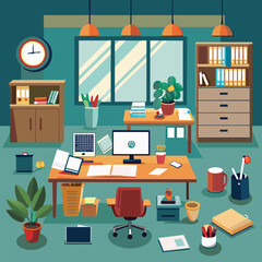 Modern Office Workspace Interior Illustration with Desk, Computer, and Business Elements in Flat Design