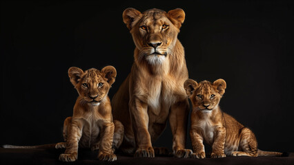 Majestic Creatures: Realistic Lion Family Portrait - obrazy, fototapety, plakaty