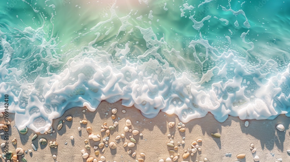 Poster sunlit shore: emerald hexagonal pebbles and fine sand with shallow waves generative ai