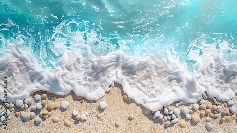Poster sunlit shore: emerald hexagonal pebbles and fine sand with shallow waves generative ai