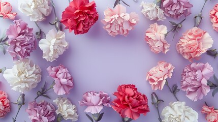 different colours carnation flowers frame, empty in the middle, light pastel purple background