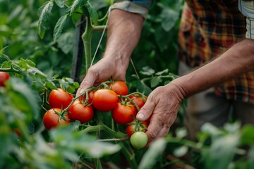 happy organic farmer harvesting tomatoes in a greenhouse farm, organic tomatoes harvesting closeup, farmer with tomatoes in the farm closeup, a farmer hand full of fresh tomatoes in the farm, tomatoes - obrazy, fototapety, plakaty