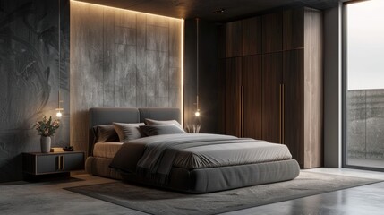 Stylish bedroom interior with gray and dark wooden walls,