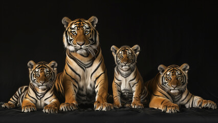 Nature’s Majesty: Hyperrealistic Tigers on Black Canvas - obrazy, fototapety, plakaty