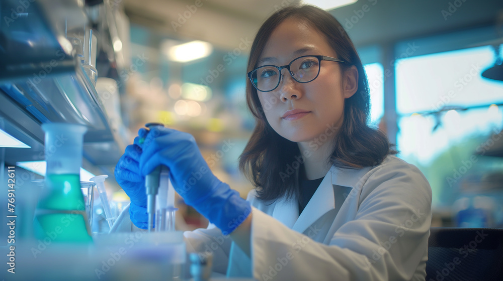 Poster scientists working in state-of-the-art labs surrounded by high tech equipment.