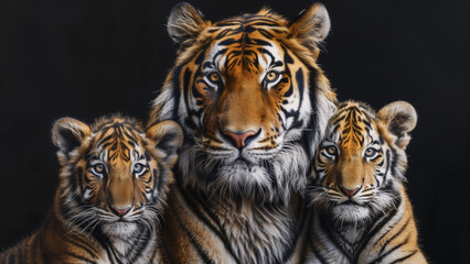 Fierce Family: Hyperrealistic Tiger Family on Black Background - obrazy, fototapety, plakaty