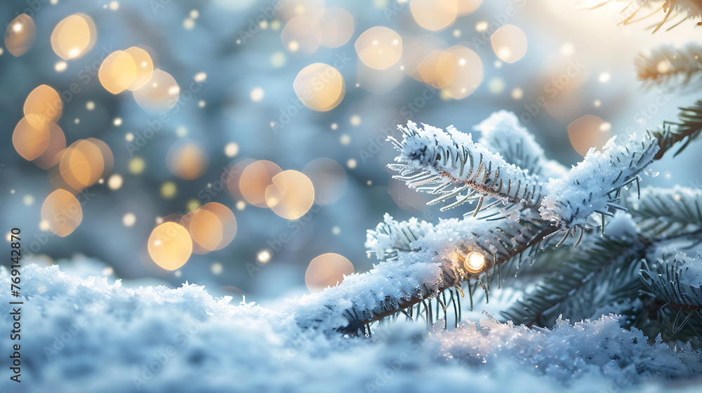 Poster beautiful winter background image of frosted spruce branches and small drifts of pure snow with boke