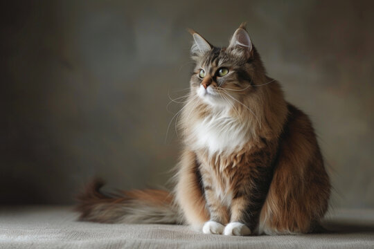 A pedigreed cat poses for a portrait in a studio with a solid color background during a pet photoshoot.

