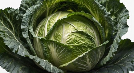 Obraz premium Fresh green cabbage head with textured leaves, organic raw savoy cabbage vegetable, healthy vegan food ingredient isolated on white background