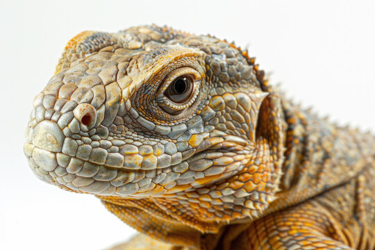 A purebred lizard poses for a portrait in a studio with a solid color background during a pet photoshoot.

