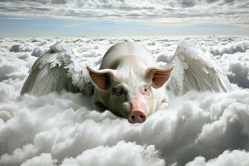 An Angelic Pig with Feathered Wings Rests Peacefully Amongst the Fluffy Clouds, Evoking a Sense of Whimsy and Dreamlike Freedom, Generative AI - obrazy, fototapety, plakaty
