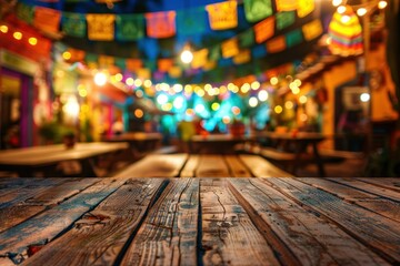 Empty wooden table and blurred colorful bokeh background. For product display. Cinco de Mayo backdrop.