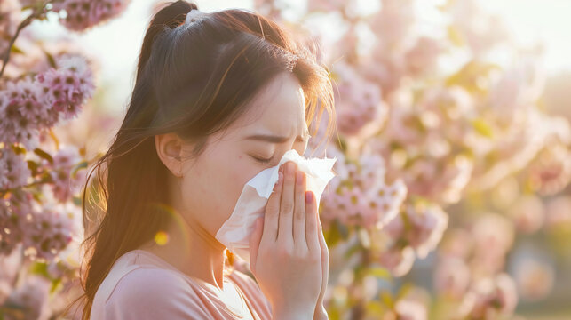 asian woman suffers from pollen and grass allergy
