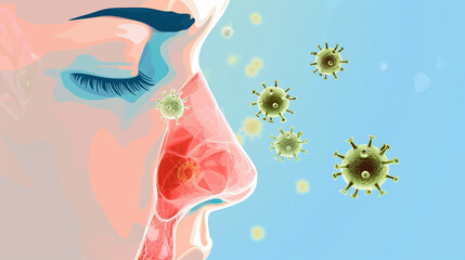 illustration in icons and painting from woman suffers from pollen and grass allergy