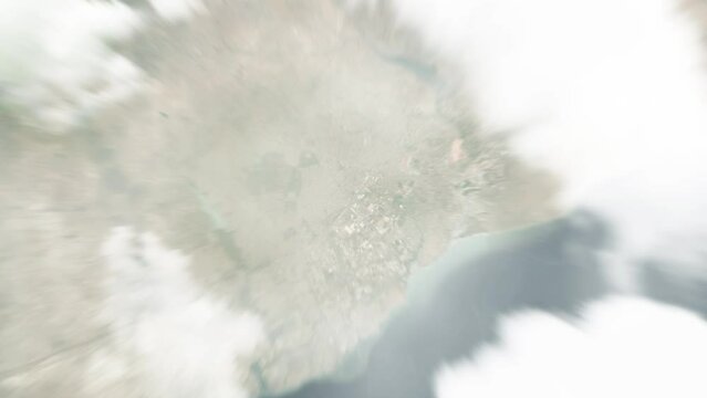 Earth zoom in from space to Tema, Ghana. Followed by zoom out through clouds and atmosphere into space. Satellite view. Travel intro. Images from NASA