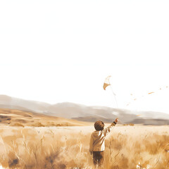 A child flying a kite in a wide-open field isolated on white background, cinematic, png
