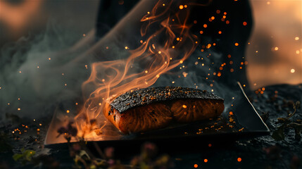 Salmon fillet fired with live fire, a luxurious version of a simple dish. - 769143830