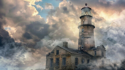 Solitary Sentinel: A Haunting Abandoned Lighthouse - obrazy, fototapety, plakaty
