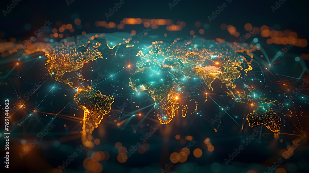 Poster glowing world map on dark background. globalization concept. communications network map of the world