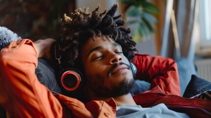 Young African-American man with dreadlocks relaxing on the sofa at home, listening to music