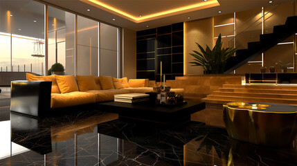 Modern luxury living room in black and gold tone.  - 769144055