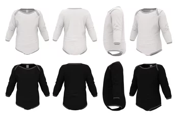 Fotobehang Set of bodysuits for babies in black and white with long sleeves. Mockup from different angles. 3D illustration. © StudioIlanP