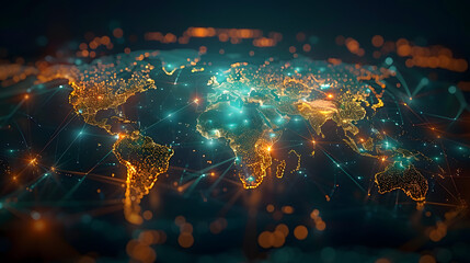 Glowing world map on dark background. Globalization concept. Communications network map of the world. Technological futuristic background. World connectivity and global networking concept