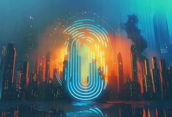 Fingerprint Scanning on digital cyberspace blue numerical technology and business abstract background. Business and technology concepts Illustration. Generative AI - obrazy, fototapety, plakaty