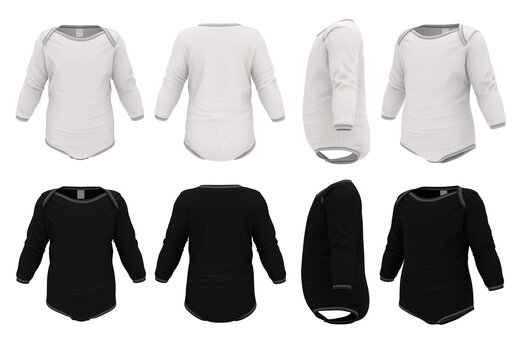 Set of bodysuits for babies in black and white with long sleeves. Mockup from different angles. 3D illustration.