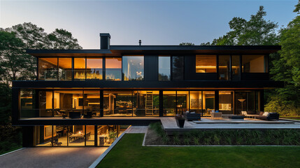 Modernist house with lots of glazing, evening landscape. - 769144214