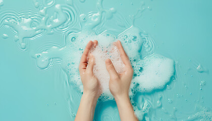 Hands in soap foam on light blue background