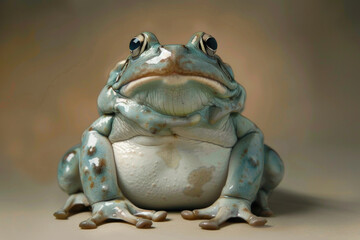 A frog poses for a portrait in a studio with a solid color background during a pet photoshoot.- 769144279