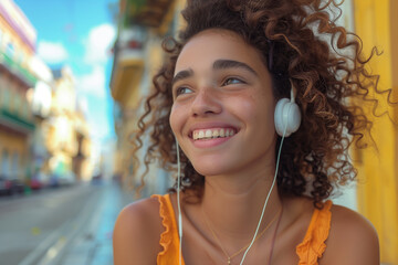 A woman wearing headphones smiles directly at the camera