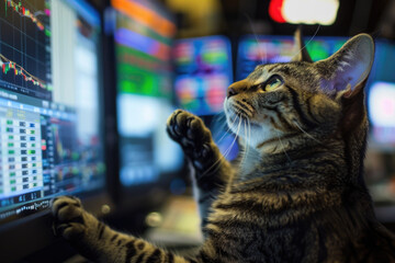 A cat, anthropomorphized, works diligently on stock trading with a computer screen.- 769144878