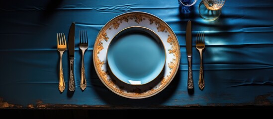 An elegant plate featuring a shiny gold rim, with a matching fork and knife placed neatly beside it