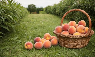 Garden with peach trees and a basket full of peaches on the grass. Summer vibe background with copy space for text or promo.