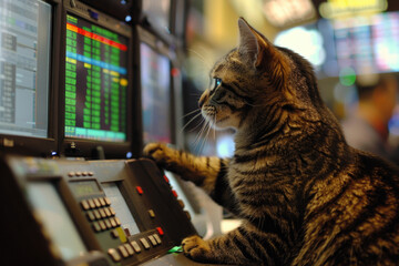 A cat, anthropomorphized, works diligently on stock trading with a computer screen.- 769145016