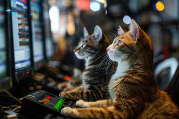 A cat, anthropomorphized, works diligently on stock trading with a computer screen.- 769145039