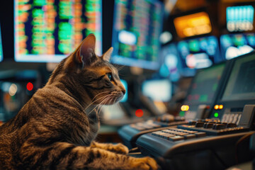 A cat, anthropomorphized, works diligently on stock trading with a computer screen.- 769145049