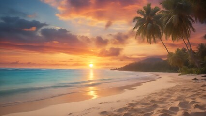 Fototapeta na wymiar Sunset on empty beach, perfect vacation on tropical island, summer holiday travel landscape photo