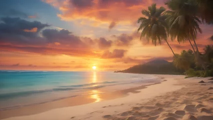 Fotobehang Sunset on empty beach, perfect vacation on tropical island, summer holiday travel landscape photo © KatBaid