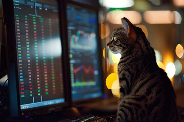 A cat, anthropomorphized, works diligently on stock trading with a computer screen.- 769145073
